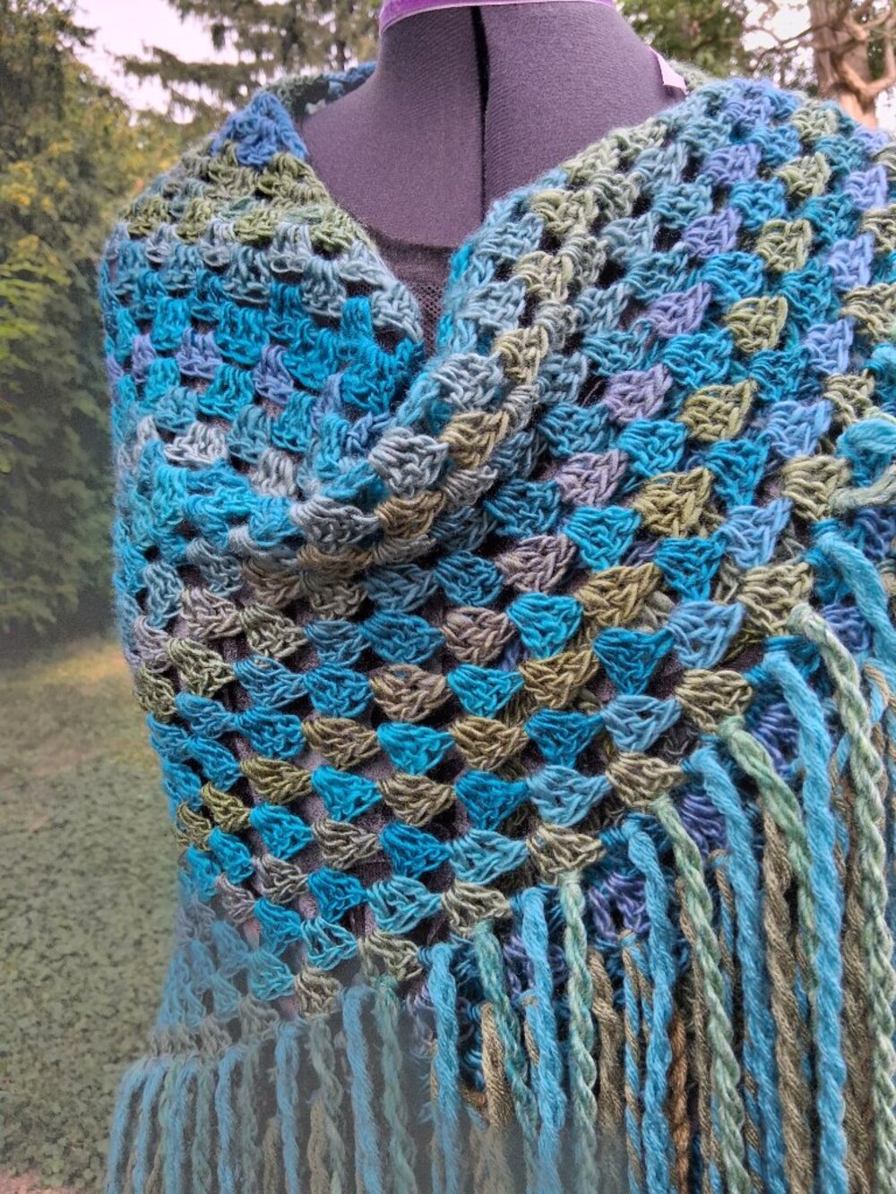 Boho Turquoise Blue and Green Full Thick Fringe Shawl Shrug - Picture 7 of 14